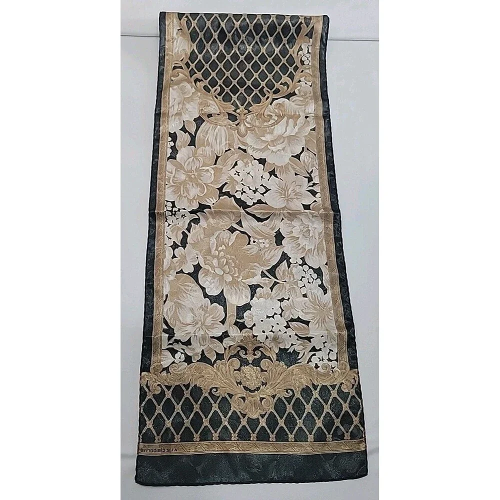 Vintage Liz Claiborne Silk Scarf Oblong Black Gold Baroque Floral Lattice Long